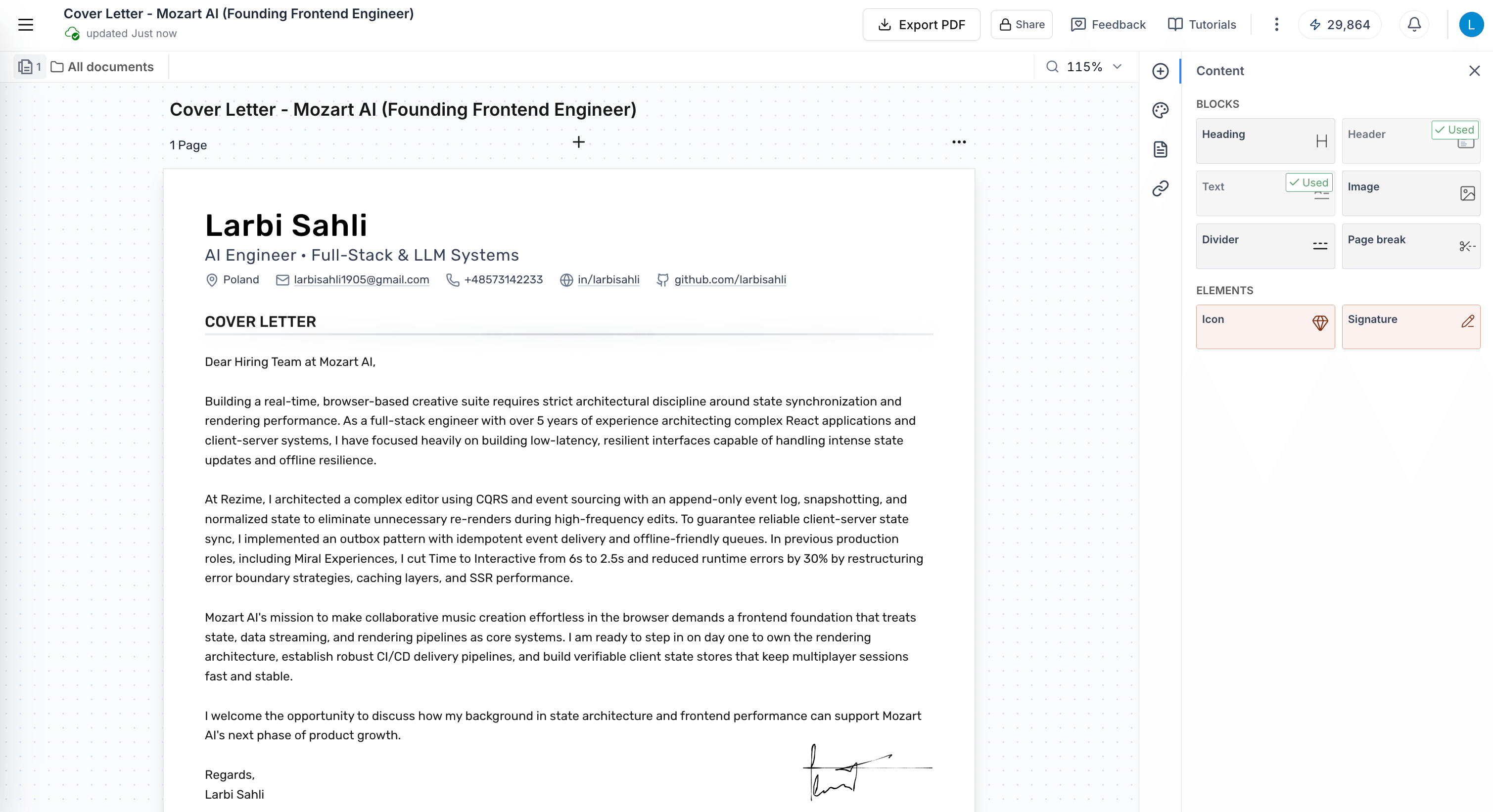 The Roleframe cover letter editor, with the source resume open beside the letter