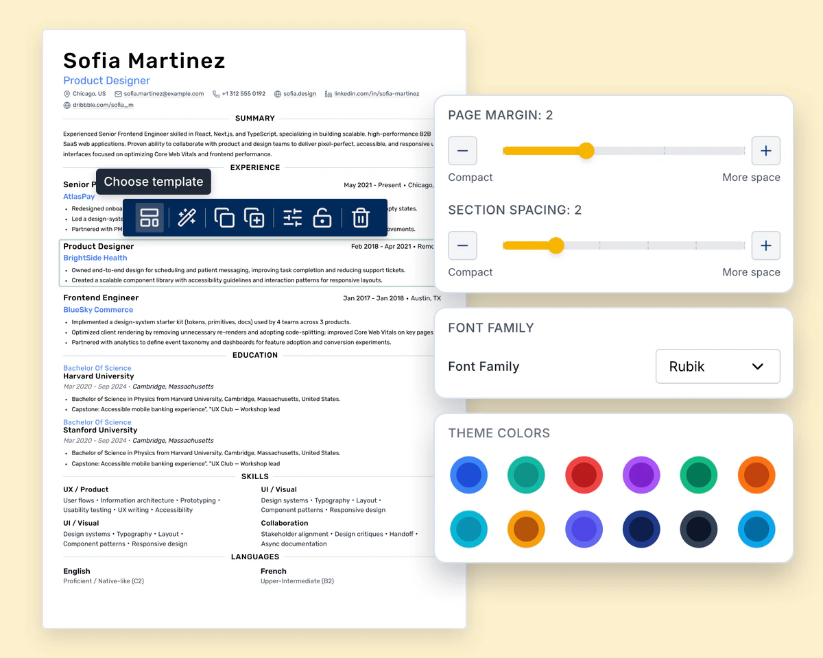 A resume page with the Choose template button open on one section, beside cards for page margin and section spacing, font family and theme colours