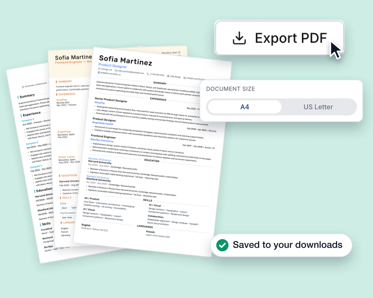 The Export PDF button being clicked, the A4 or US Letter page size choice, a Saved to your downloads confirmation and a fanned stack of finished resume pages