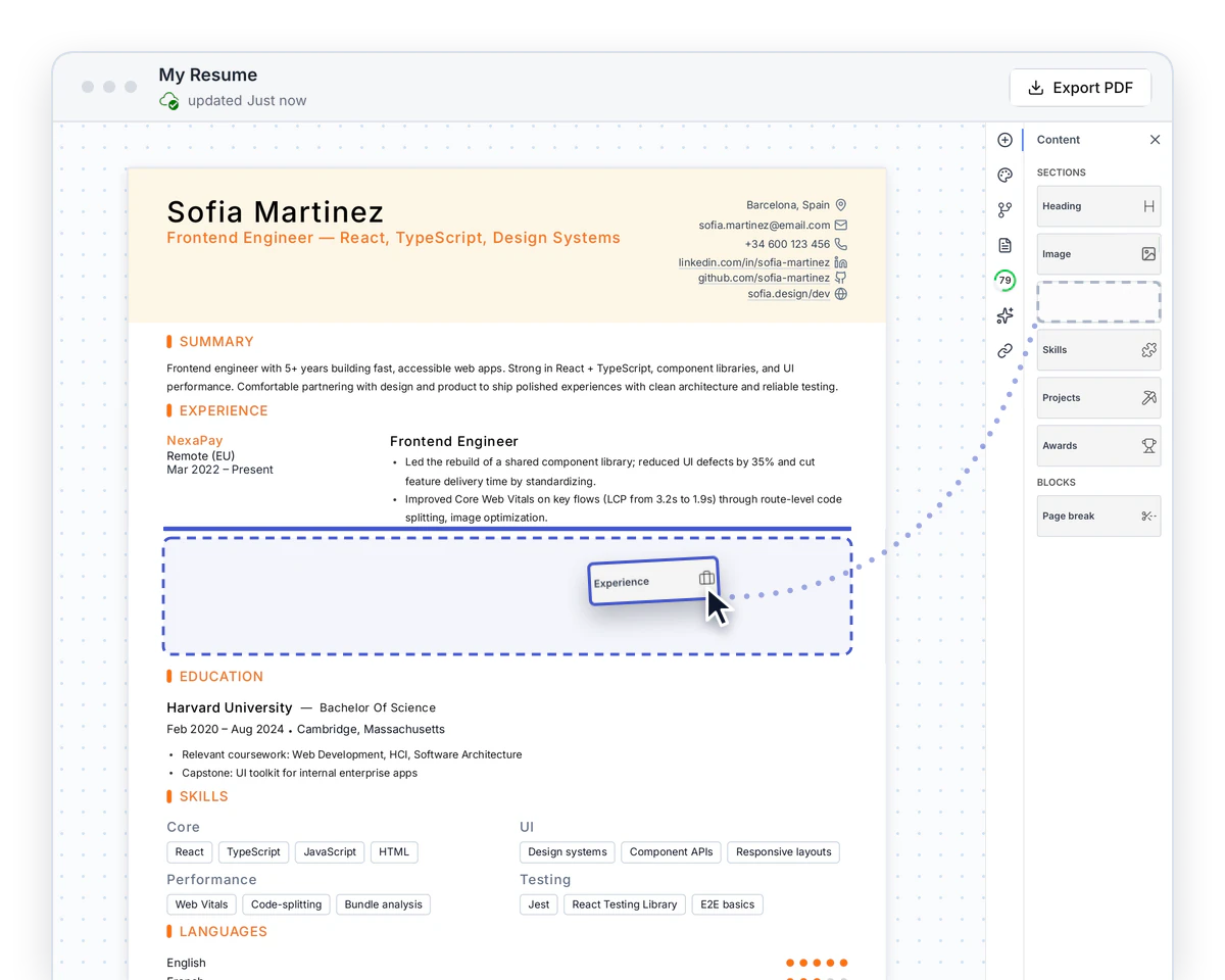 The resume editor with the Experience section tile dragged from the Content panel onto the page, where a blue line and a dashed slot under the existing experience entry show where the new one will go