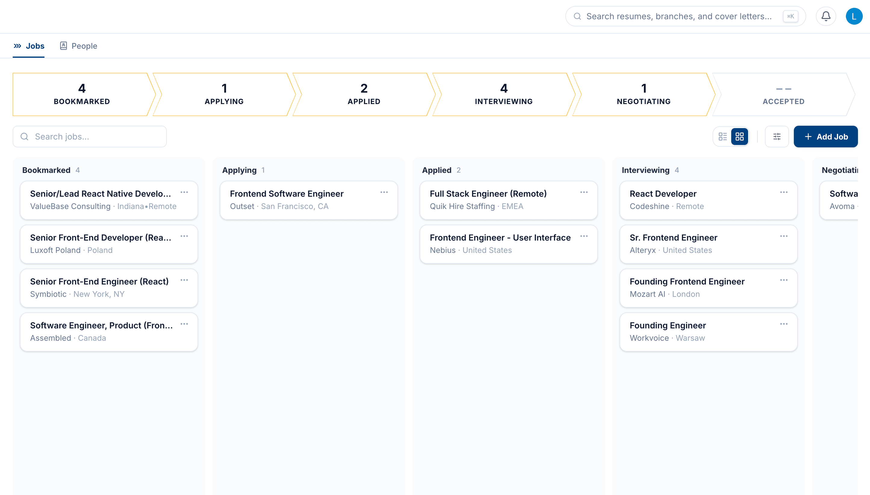 The tracker's board view: jobs as cards in Bookmarked, Applying, Applied, Interviewing and Negotiating columns, under a pipeline bar with per-stage counts