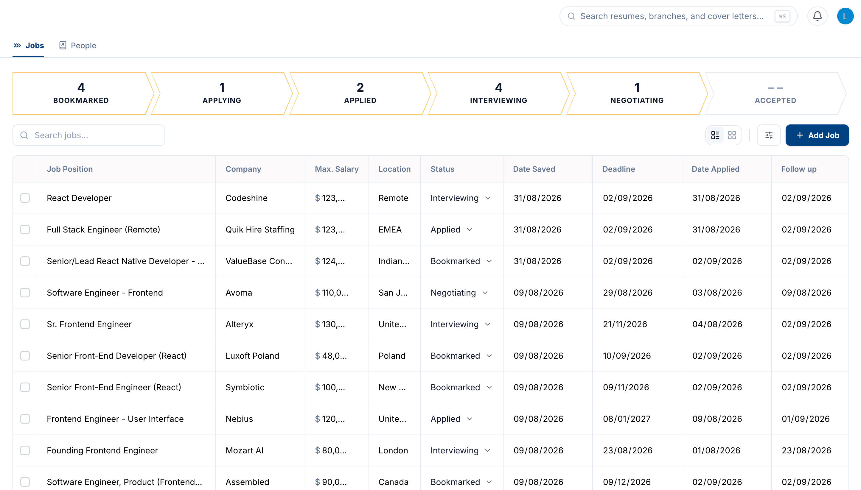 The Roleframe job tracker: a pipeline bar with per-stage counts above rows grouped by status, showing the Job Position, Company, Max. Salary, Location, Status, Date Saved, Deadline, Date Applied, Follow up and Excitement columns