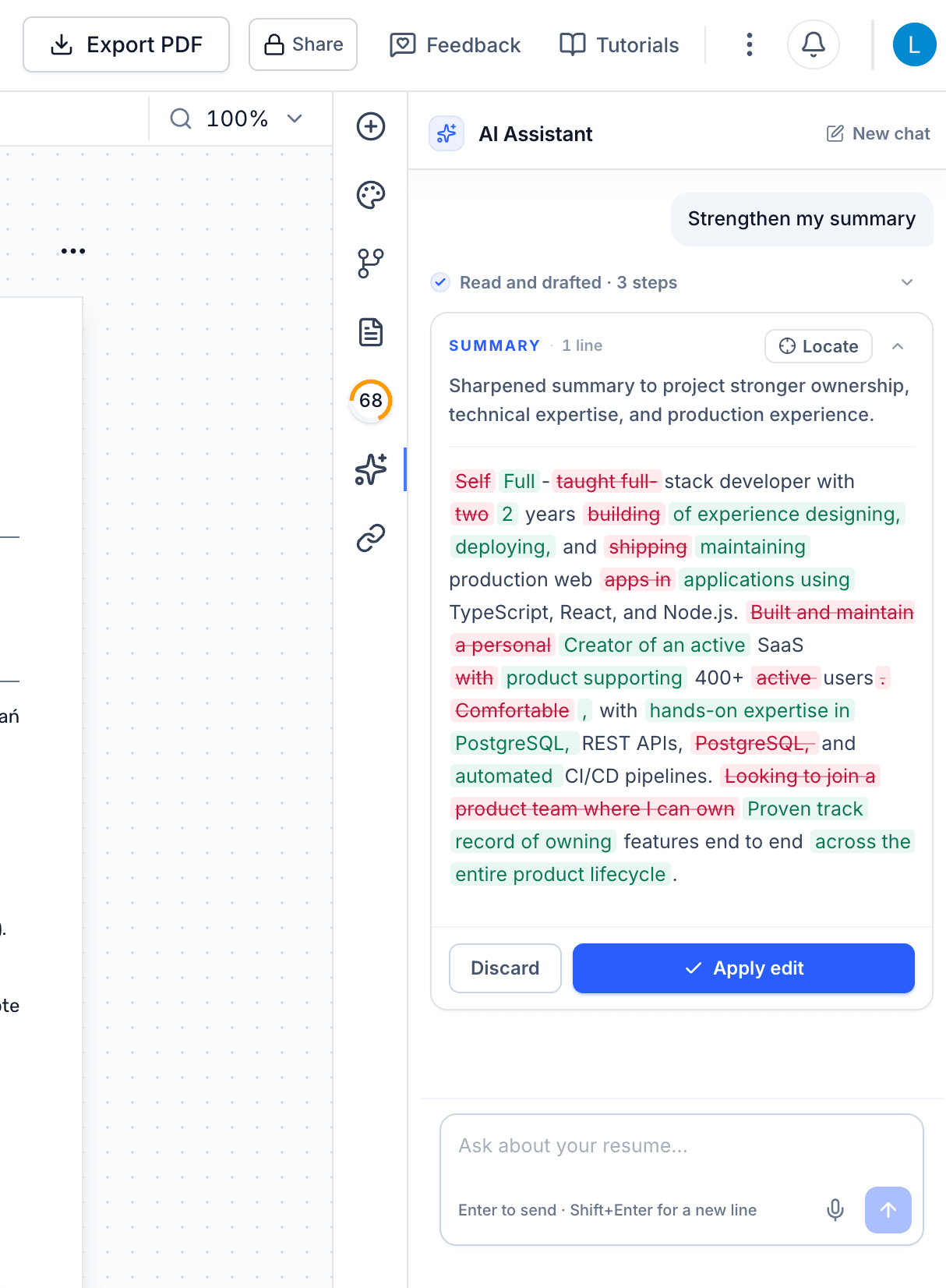 The Roleframe assistant proposing a rewritten summary as a word-by-word diff, with Discard and Apply edit buttons beneath it