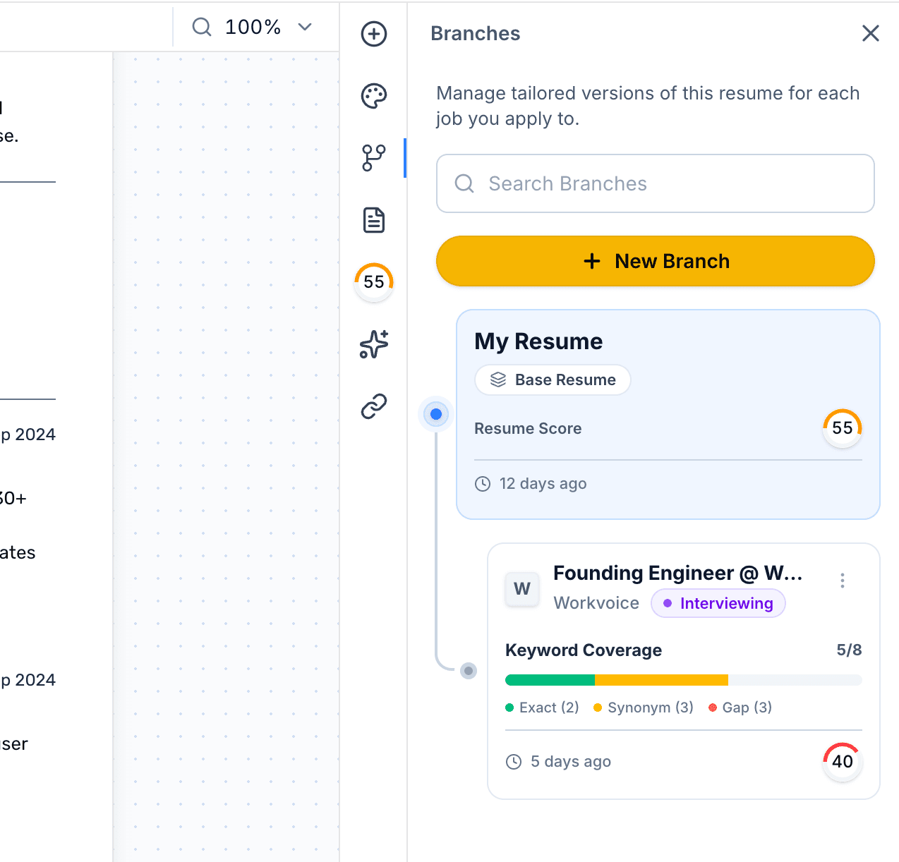 The Branches panel: a base resume with a tailored branch for a job, showing status, score, and keyword coverage