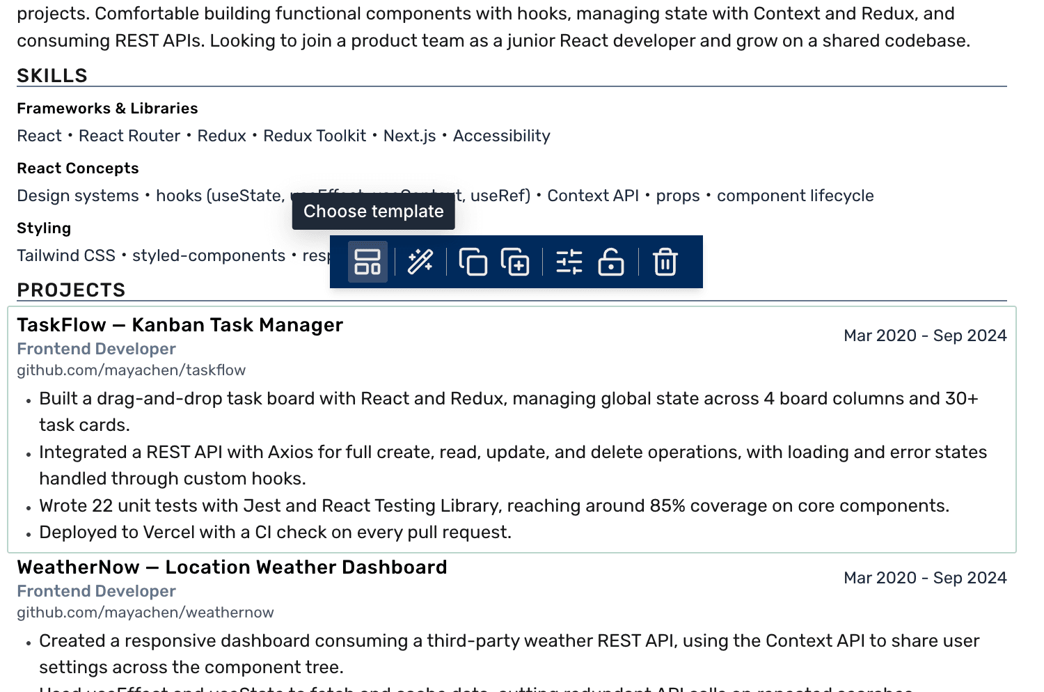 The block toolbar with the Choose-template control highlighted