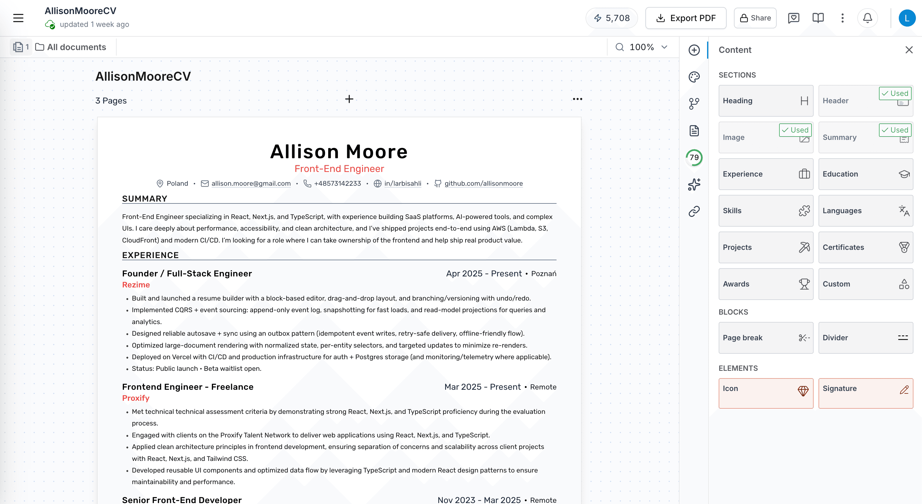 The free Roleframe resume builder, with a resume on the canvas and the drag-and-drop sections panel on the right