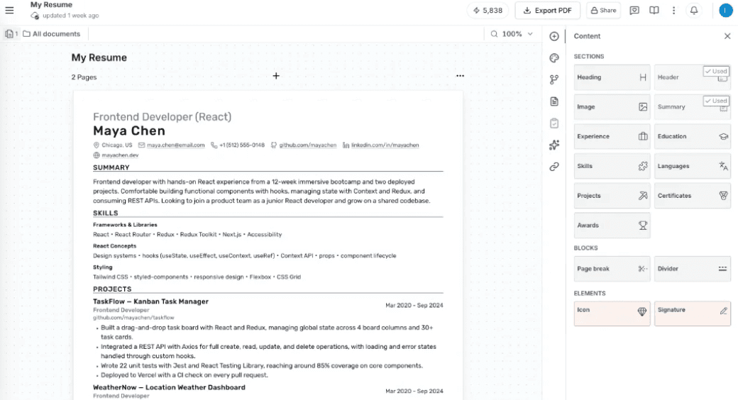 The Roleframe resume editor, mid-edit