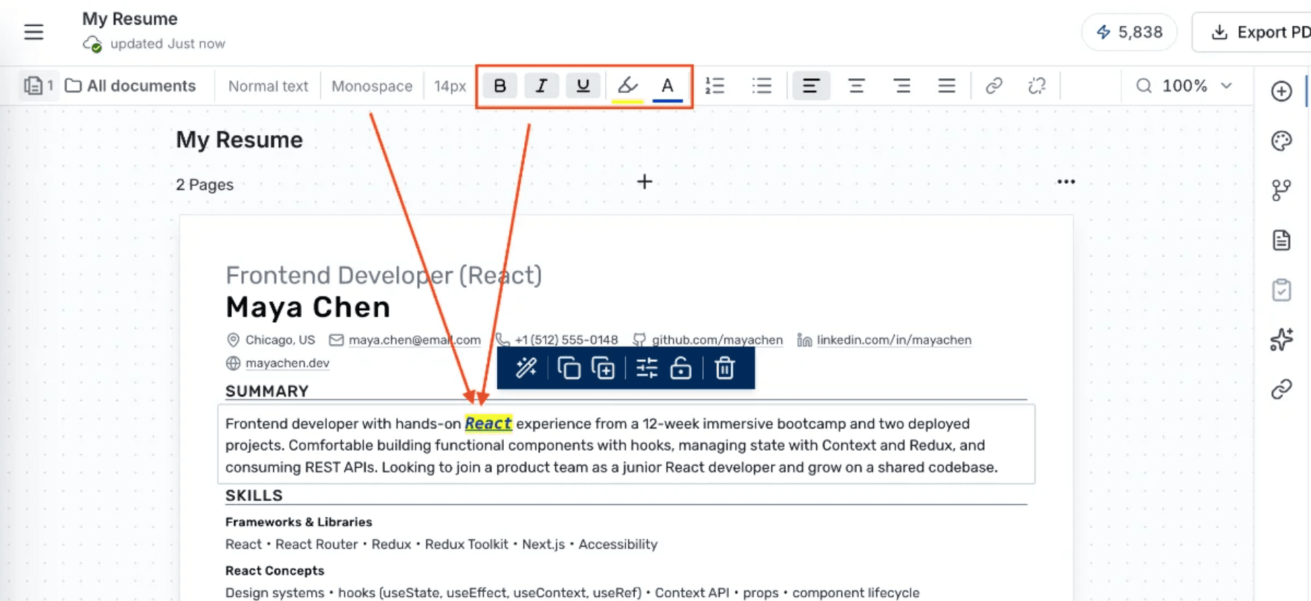 The rich-text editor formatting a resume bullet in place
