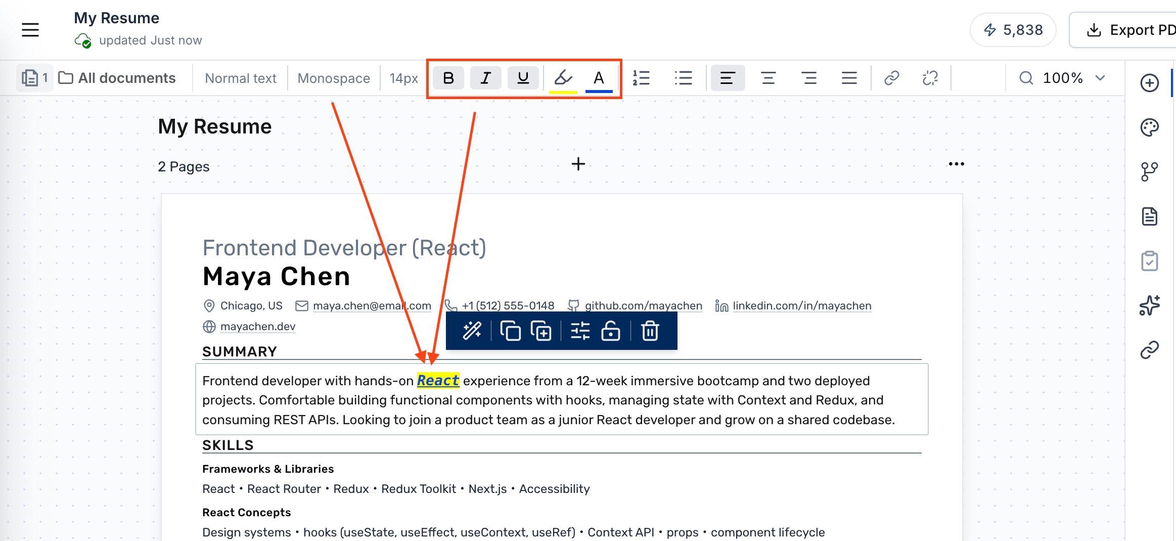 Writing an experience bullet in the Roleframe editor's rich text block