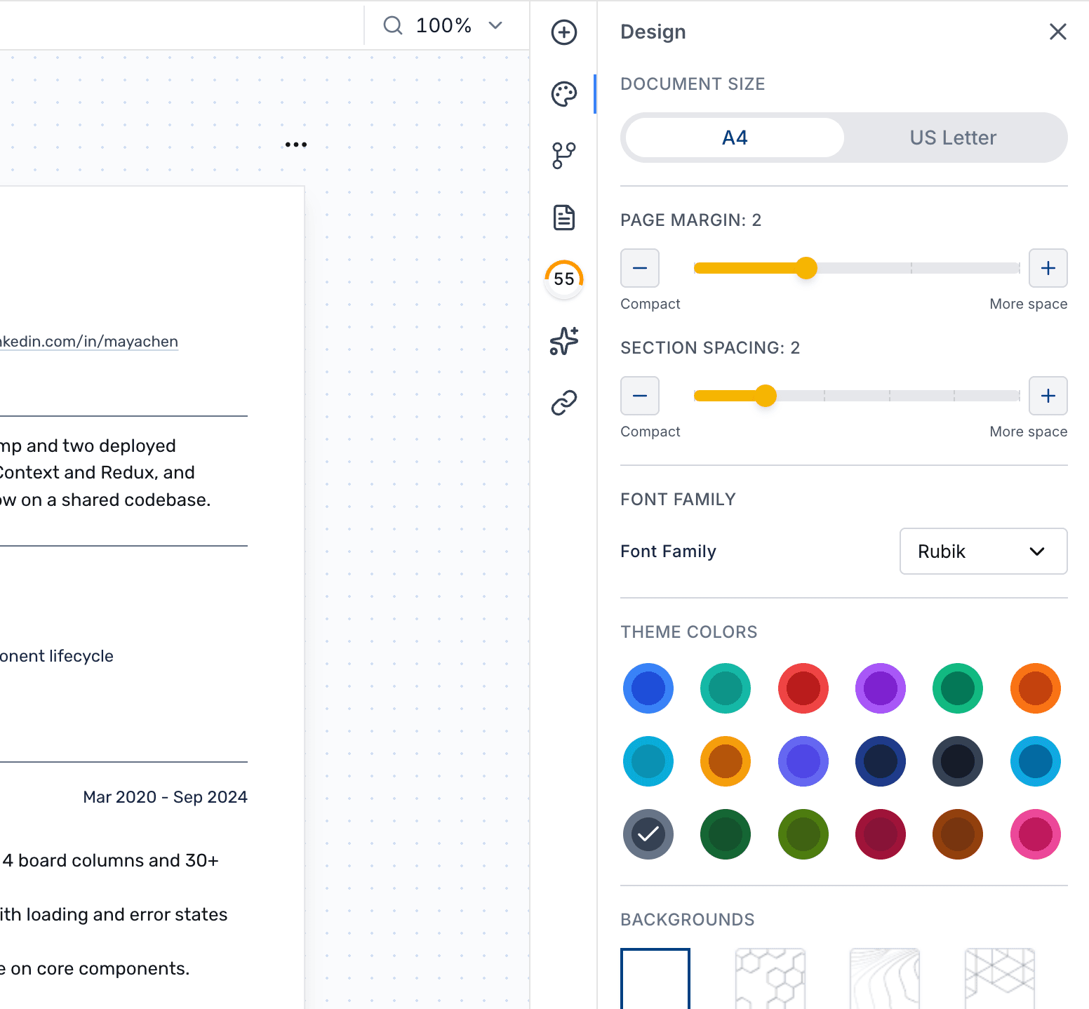 The layout and design panel in the Roleframe editor