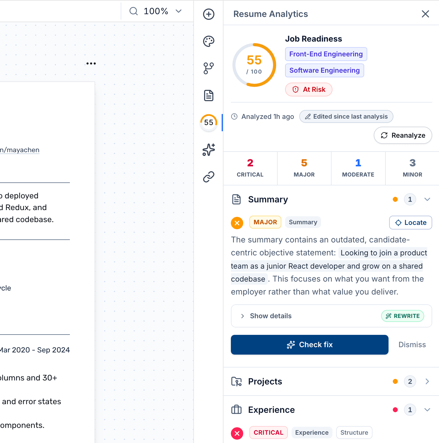 The editor's ATS score gauge rising from 68 to 84 as issues are fixed