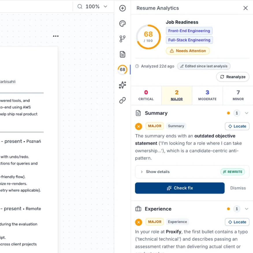 The editor's ATS score gauge rising from 68 to 84 as issues are fixed