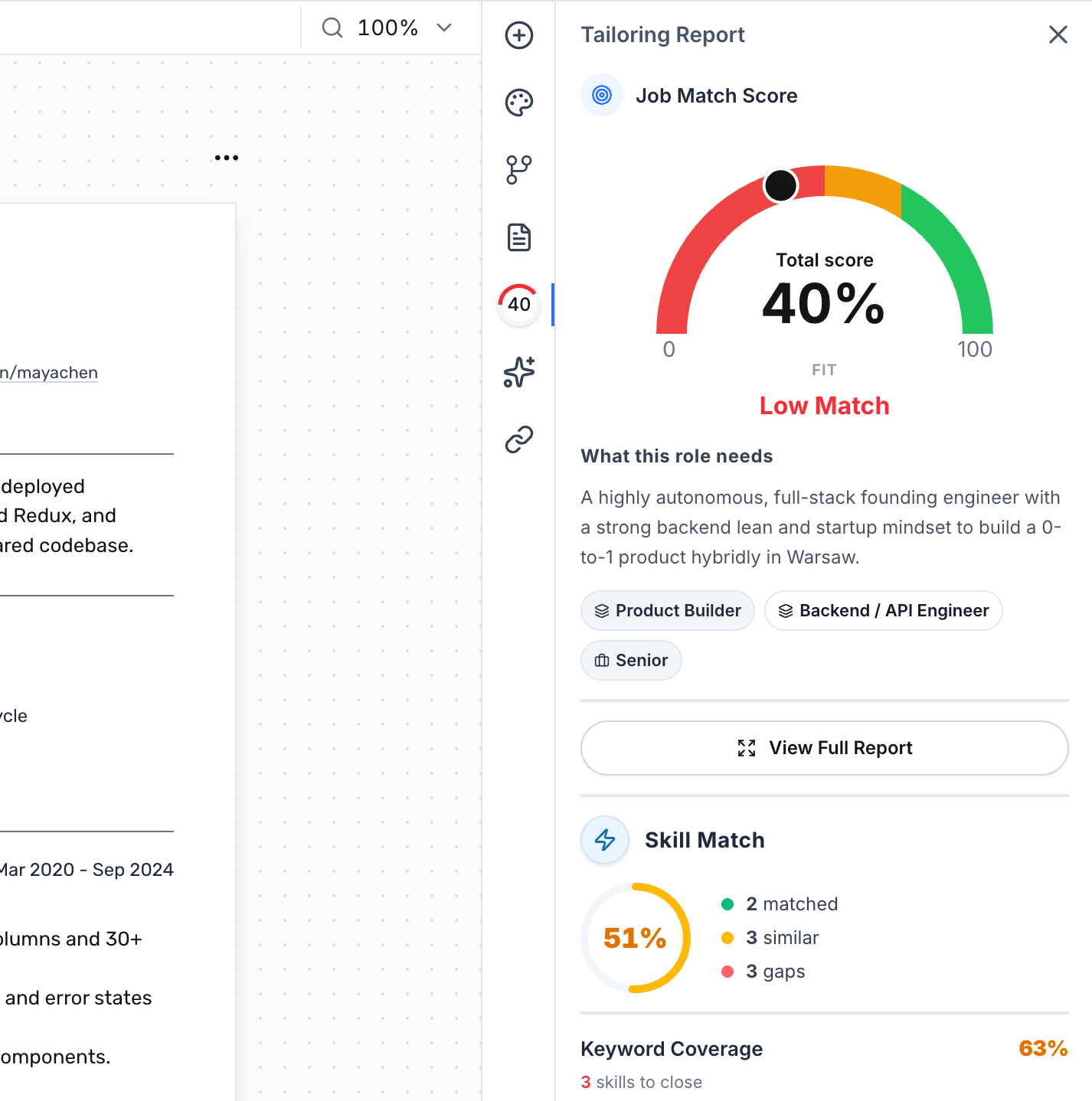 The Resume Analytics panel: score ring, severity tiles and a prioritized issue list