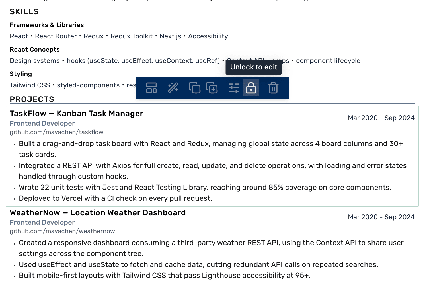 A locked resume section with an Unlock-to-edit control in the block toolbar