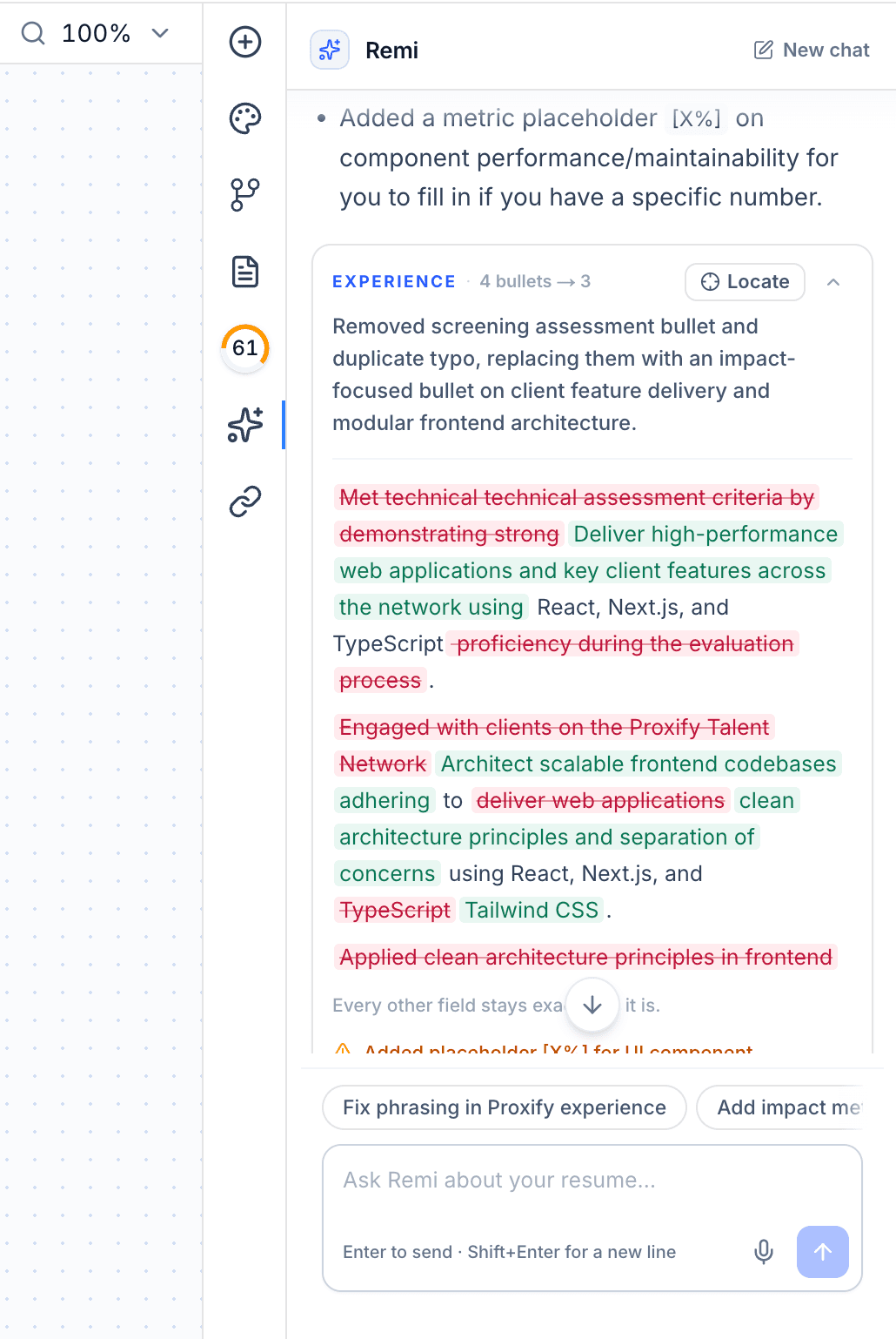 The Remi panel in the editor sidebar proposing a rewritten Experience section as a word-by-word diff, with a Locate button, suggested next steps and the Ask Remi composer beneath it