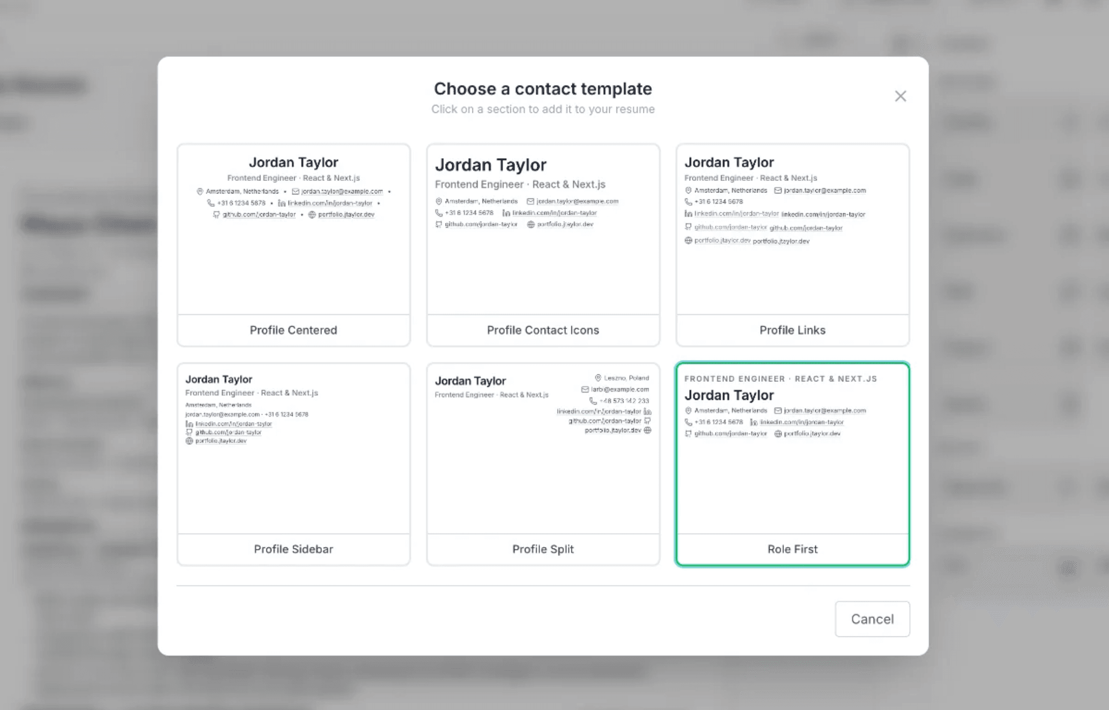 Header section designs in the Roleframe editor