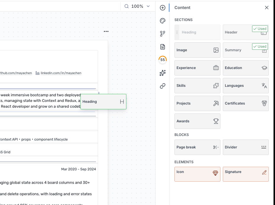 The Content panel in the Roleframe editor, showing draggable resume sections such as Header, Experience and Skills