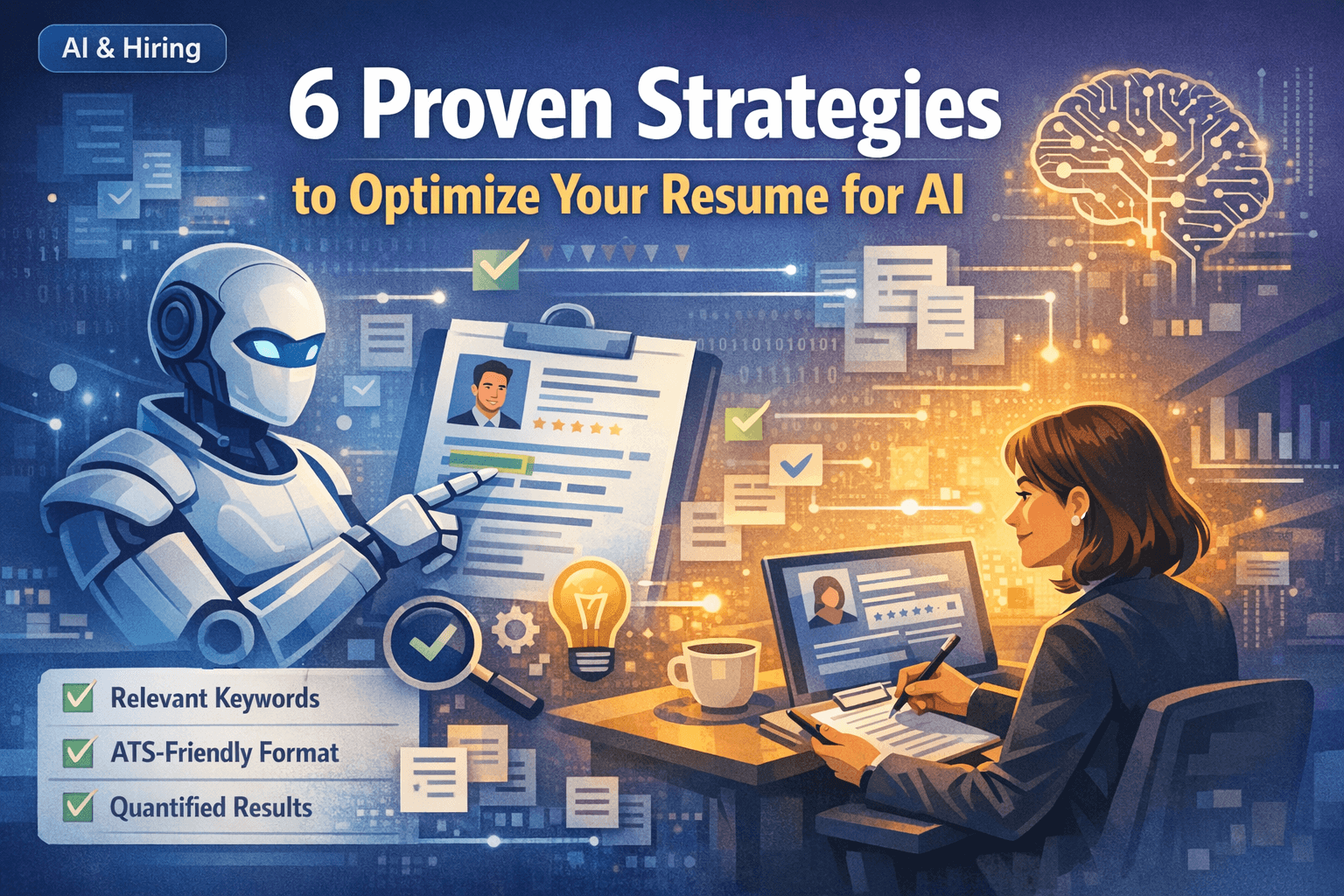 Illustration of an AI system scanning a resume with highlighted sections